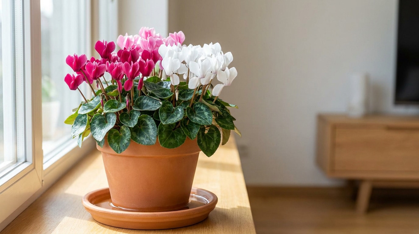 Un cyclamen avec des fleurs roses et blanches dans un pot en terre cuite sur un rebord de fenêtre.