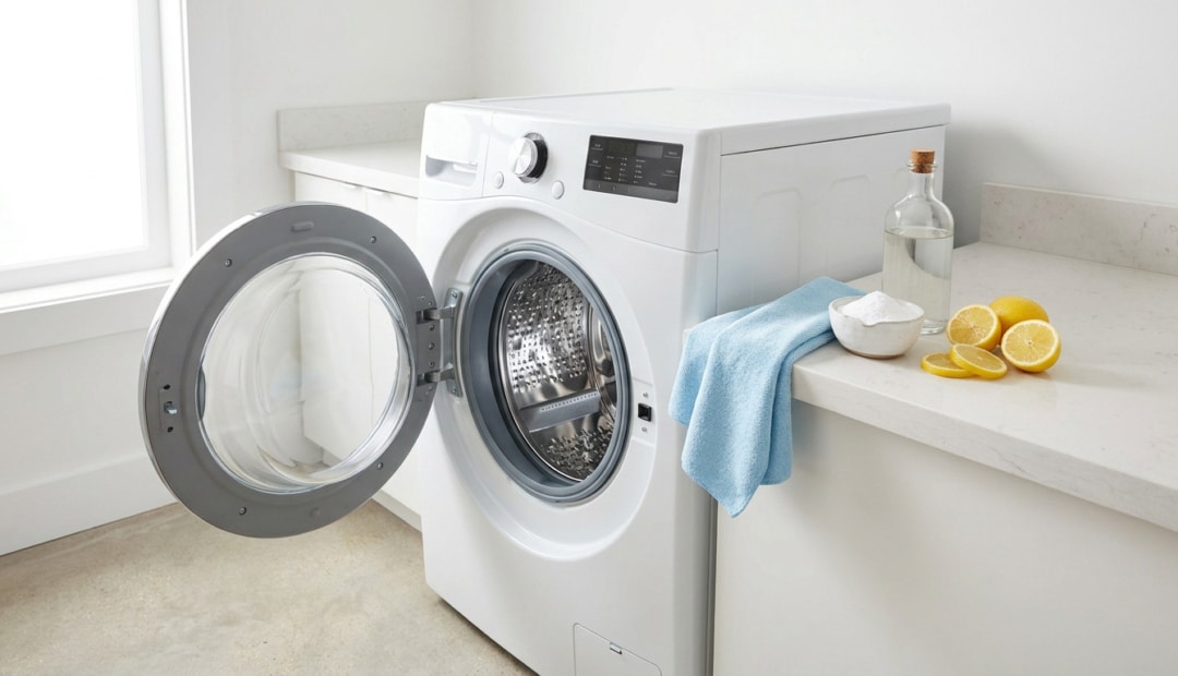 Lave-linge blanc ouvert avec des produits de nettoyage naturels : citron, vinaigre et bicarbonate de soude sur le comptoir.