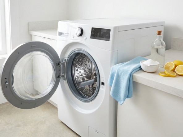Lave-linge blanc ouvert avec des produits de nettoyage naturels : citron, vinaigre et bicarbonate de soude sur le comptoir.