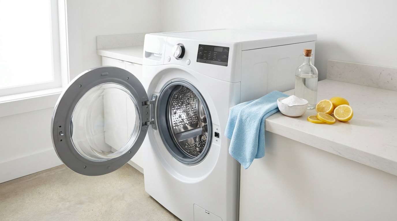 Lave-linge blanc ouvert avec des produits de nettoyage naturels : citron, vinaigre et bicarbonate de soude sur le comptoir.