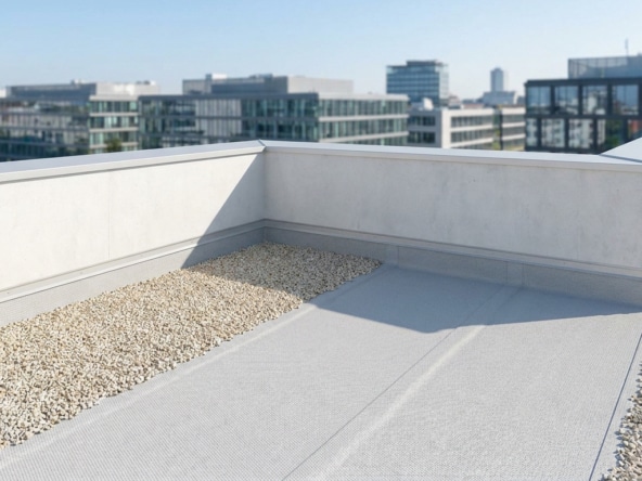 Vue en plongée d'un muret d'acrotère blanc sur une toiture terrasse moderne avec du gravier au sol.