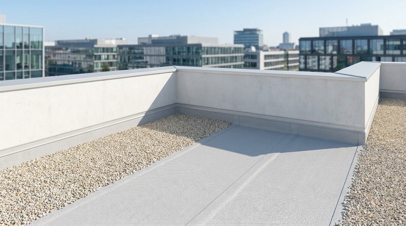 Vue en plongée d'un muret d'acrotère blanc sur une toiture terrasse moderne avec du gravier au sol.