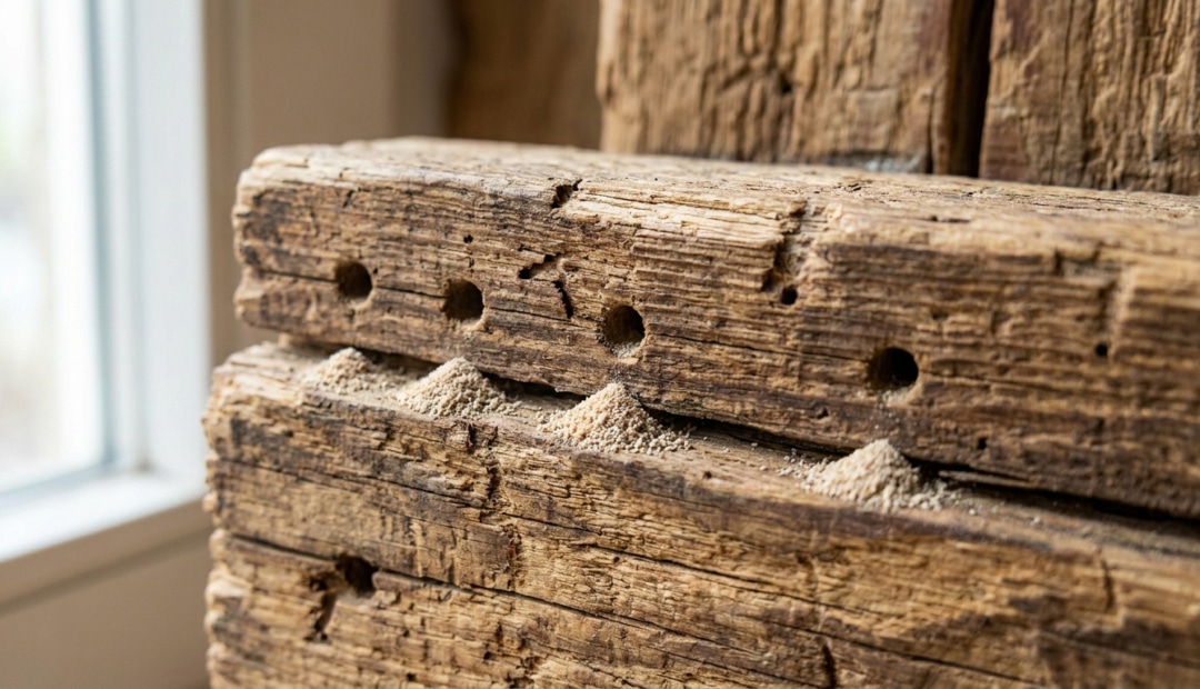 Poutres en bois ancien présentant des trous de sortie avec de la sciure accumulée, signe d'une infestation parasitaire.