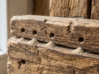 Poutres en bois ancien présentant des trous de sortie avec de la sciure accumulée, signe d'une infestation parasitaire.