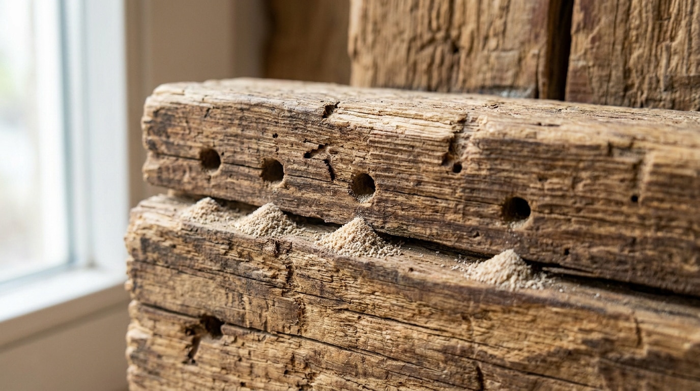 Poutres en bois ancien présentant des trous de sortie avec de la sciure accumulée, signe d'une infestation parasitaire.