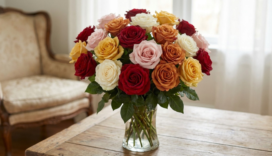 Un magnifique bouquet de roses multicolores disposé dans un vase en verre sur une table en bois.