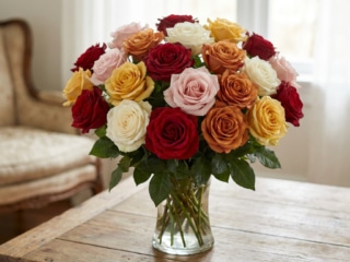 Un magnifique bouquet de roses multicolores disposé dans un vase en verre sur une table en bois.