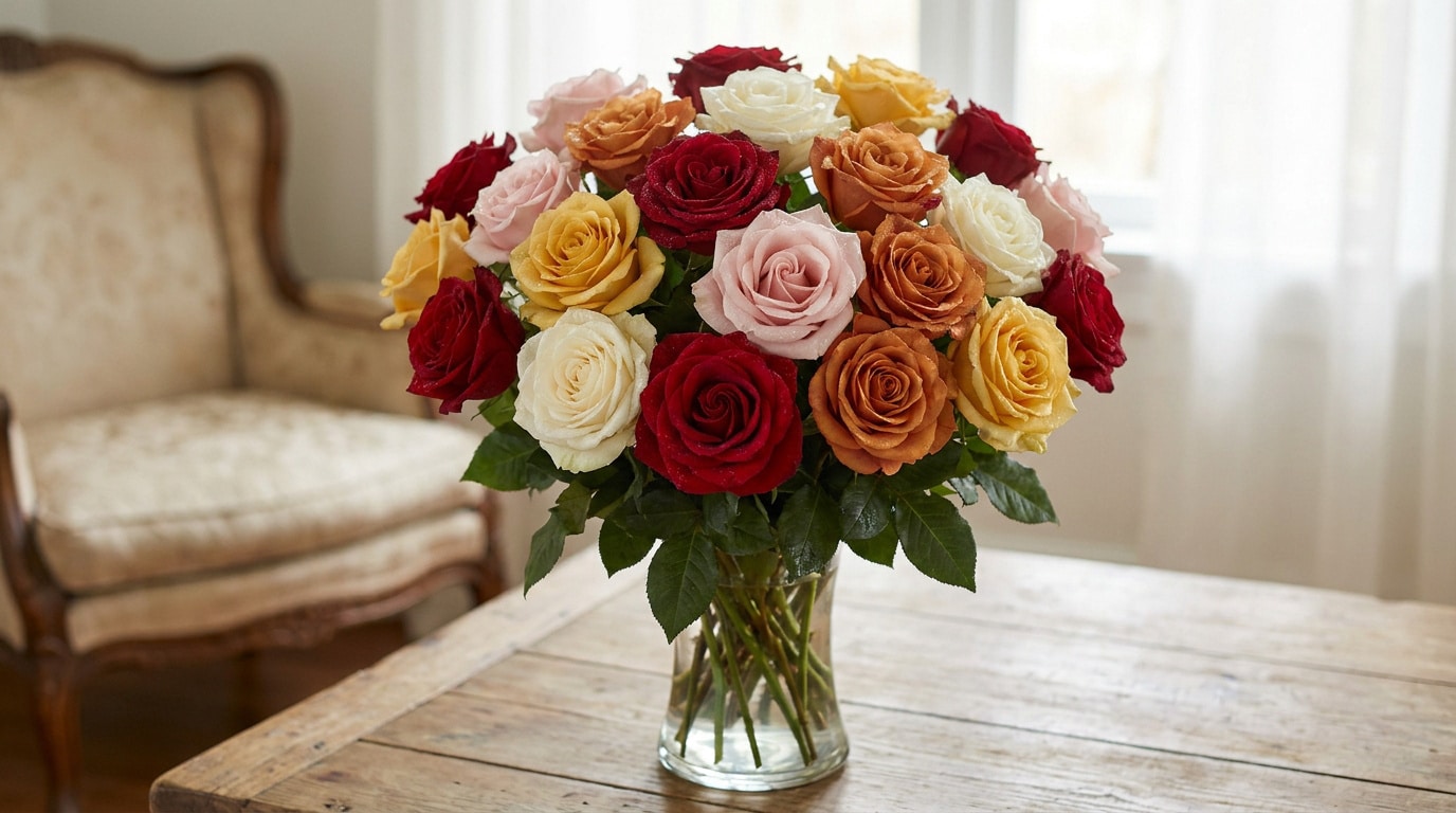 Un magnifique bouquet de roses multicolores disposé dans un vase en verre sur une table en bois.