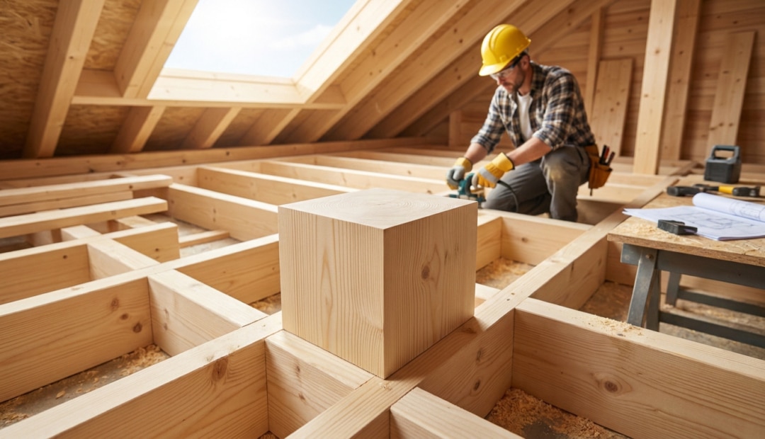Un charpentier travaillant sur une structure en bois dans des combles lumineux sous une fenêtre de toit.