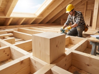 Un charpentier travaillant sur une structure en bois dans des combles lumineux sous une fenêtre de toit.
