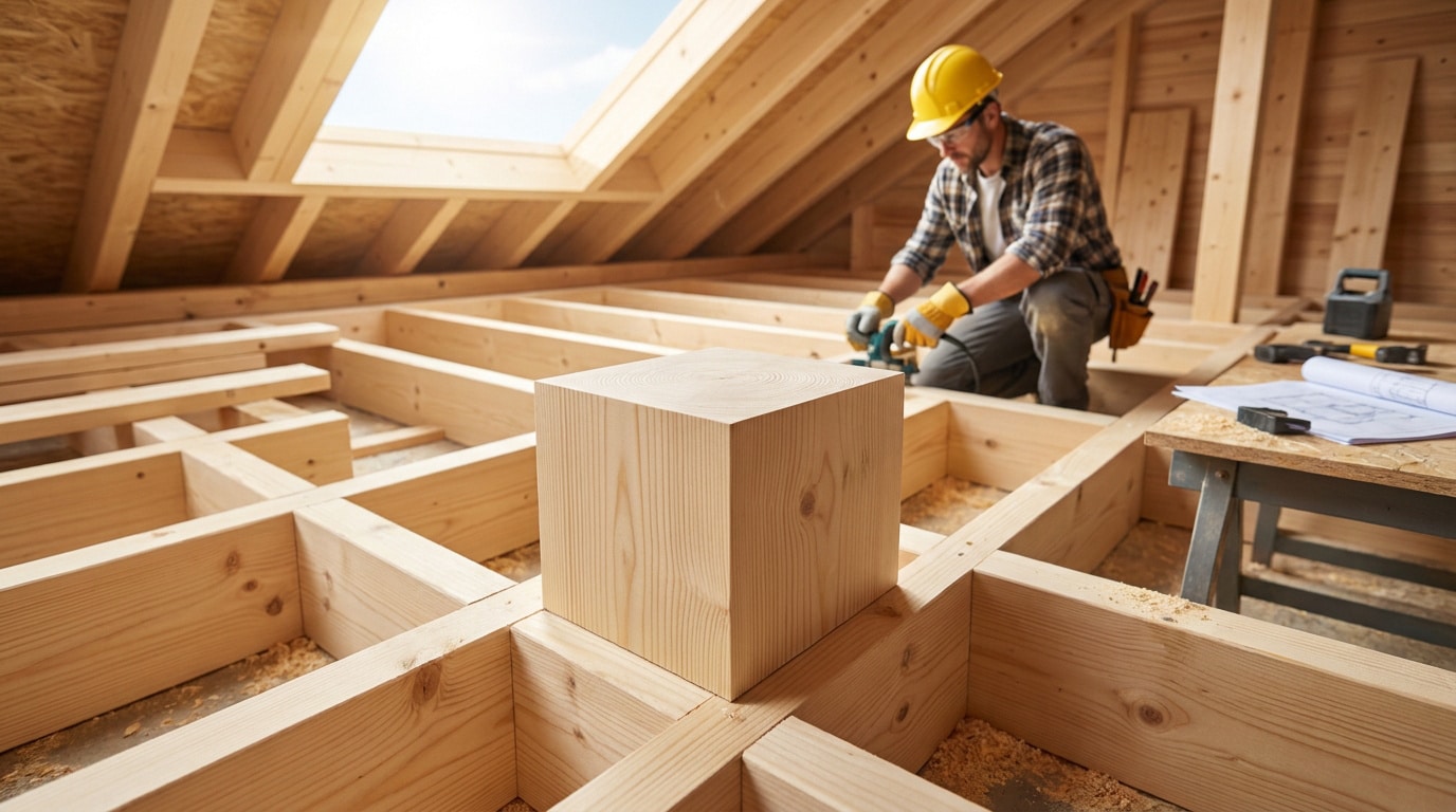 Un charpentier travaillant sur une structure en bois dans des combles lumineux sous une fenêtre de toit.