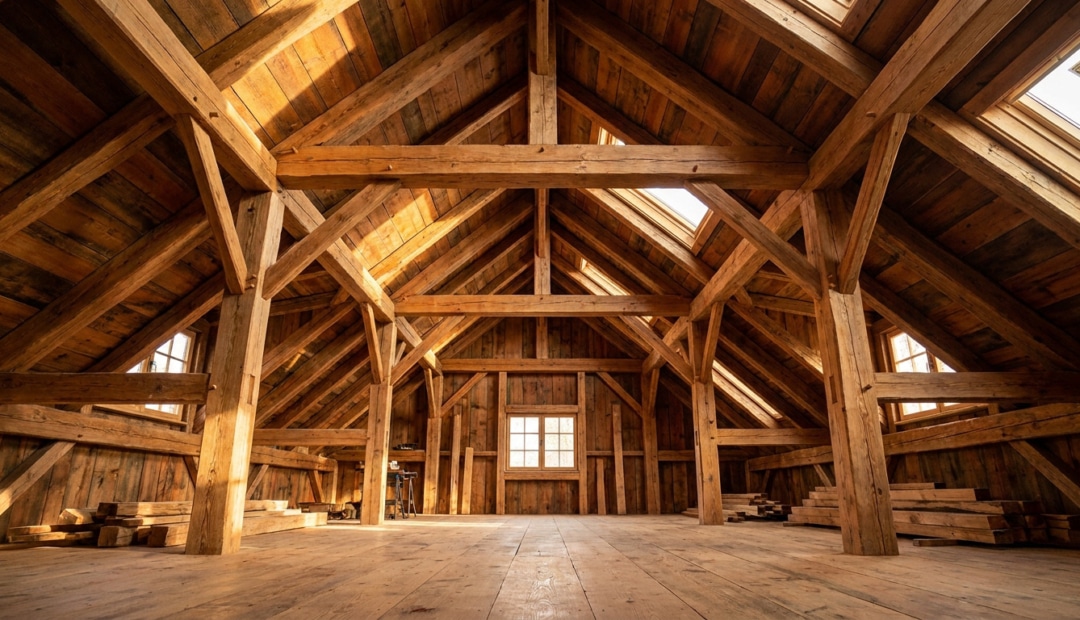 Grenier aménageable avec une structure de charpente traditionnelle en bois massif et des poutres apparentes.