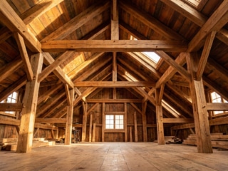 Grenier aménageable avec une structure de charpente traditionnelle en bois massif et des poutres apparentes.