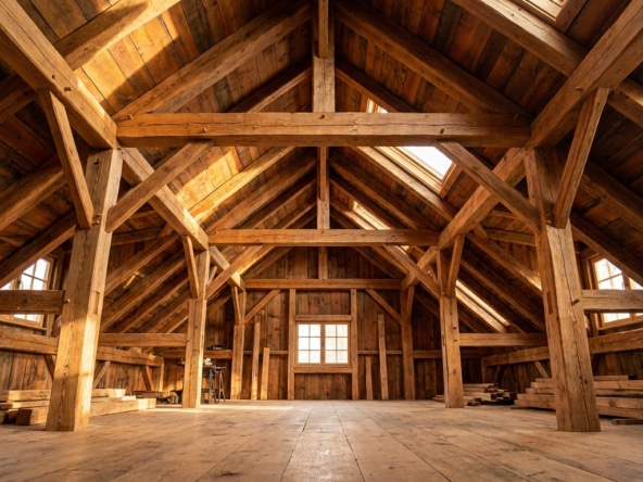 Grenier aménageable avec une structure de charpente traditionnelle en bois massif et des poutres apparentes.