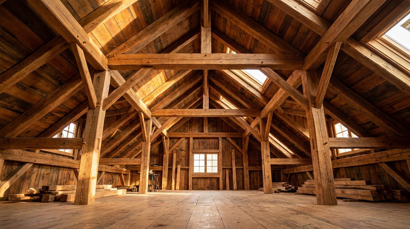 Grenier aménageable avec une structure de charpente traditionnelle en bois massif et des poutres apparentes.