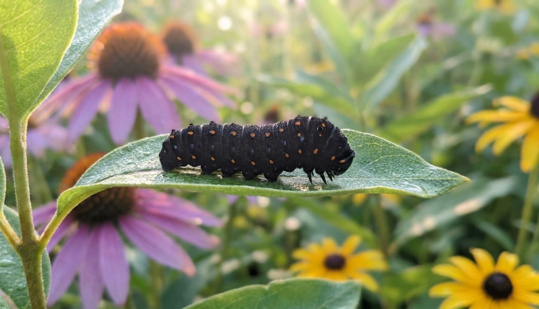 Une chenille noire avec des points orange posée sur une feuille verte au milieu de fleurs roses et jaunes.
