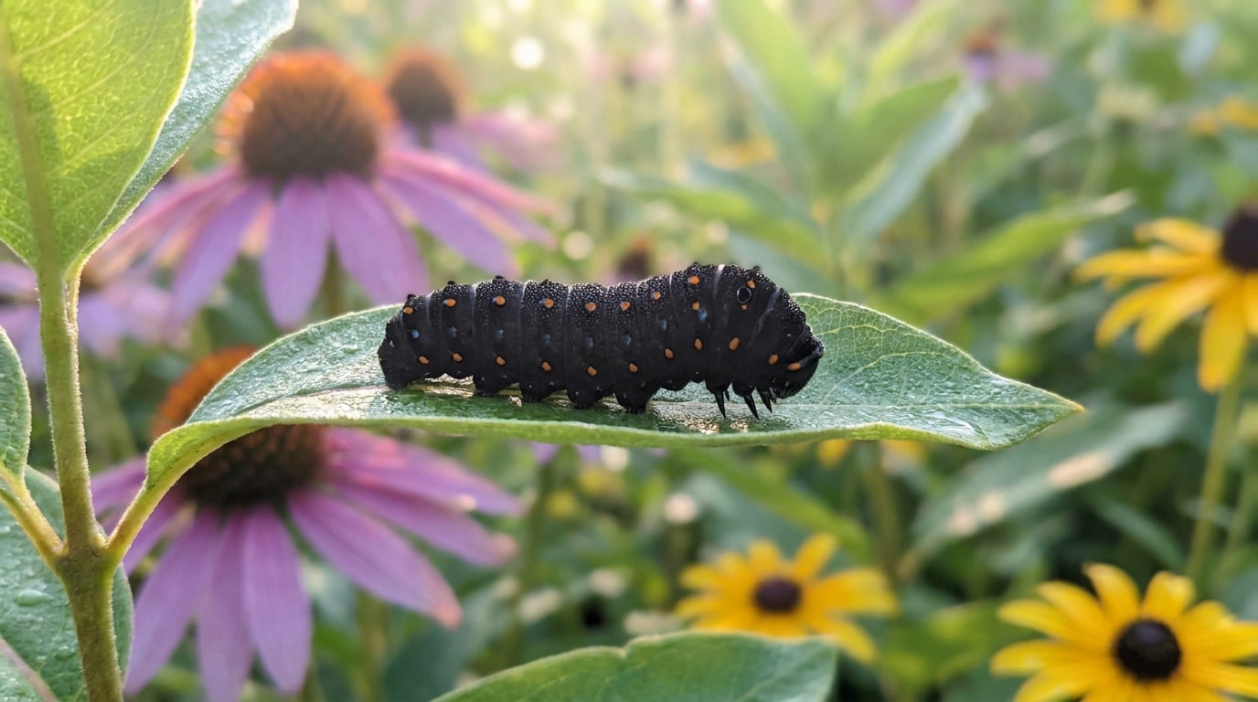 Une chenille noire avec des points orange posée sur une feuille verte au milieu de fleurs roses et jaunes.