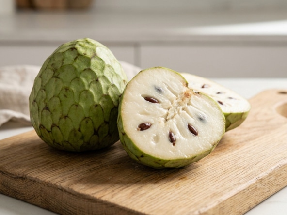 Un cherimoya entier et un autre coupé en deux sur une planche à découper en bois dans une cuisine lumineuse.