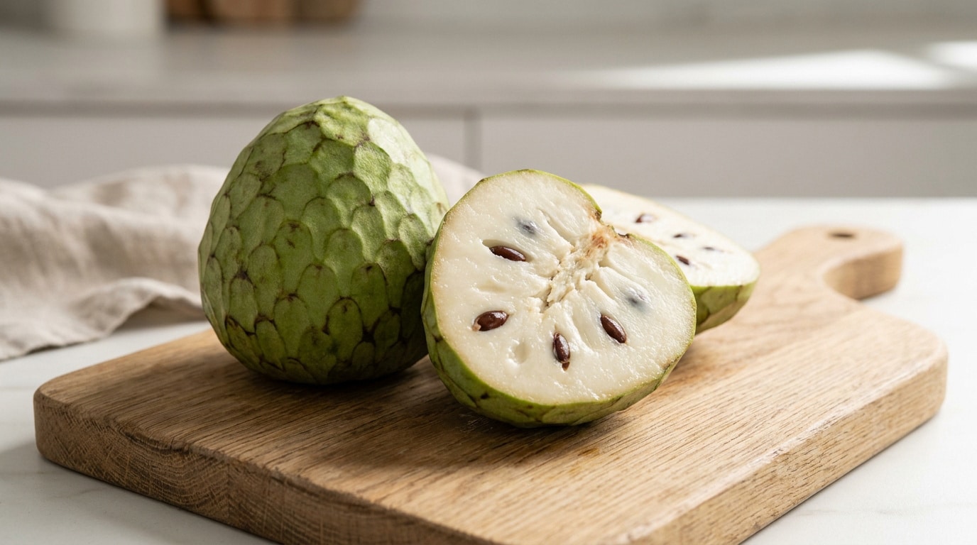 Un cherimoya entier et un autre coupé en deux sur une planche à découper en bois dans une cuisine lumineuse.