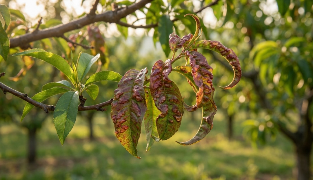 Feuilles de pêcher déformées et rougeâtres par la maladie de la cloque, sur une branche dans un verger ensoleillé.