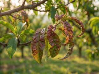 Feuilles de pêcher déformées et rougeâtres par la maladie de la cloque, sur une branche dans un verger ensoleillé.