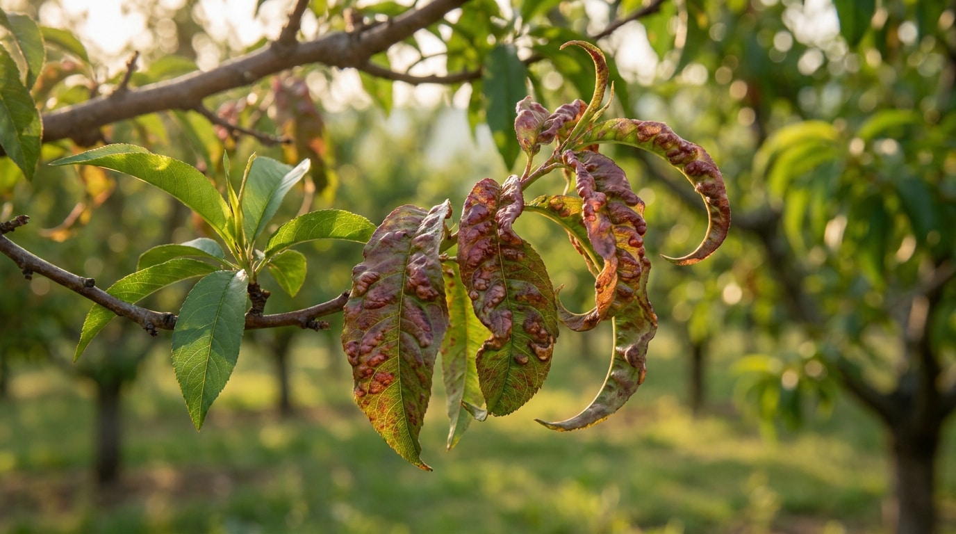 Feuilles de pêcher déformées et rougeâtres par la maladie de la cloque, sur une branche dans un verger ensoleillé.
