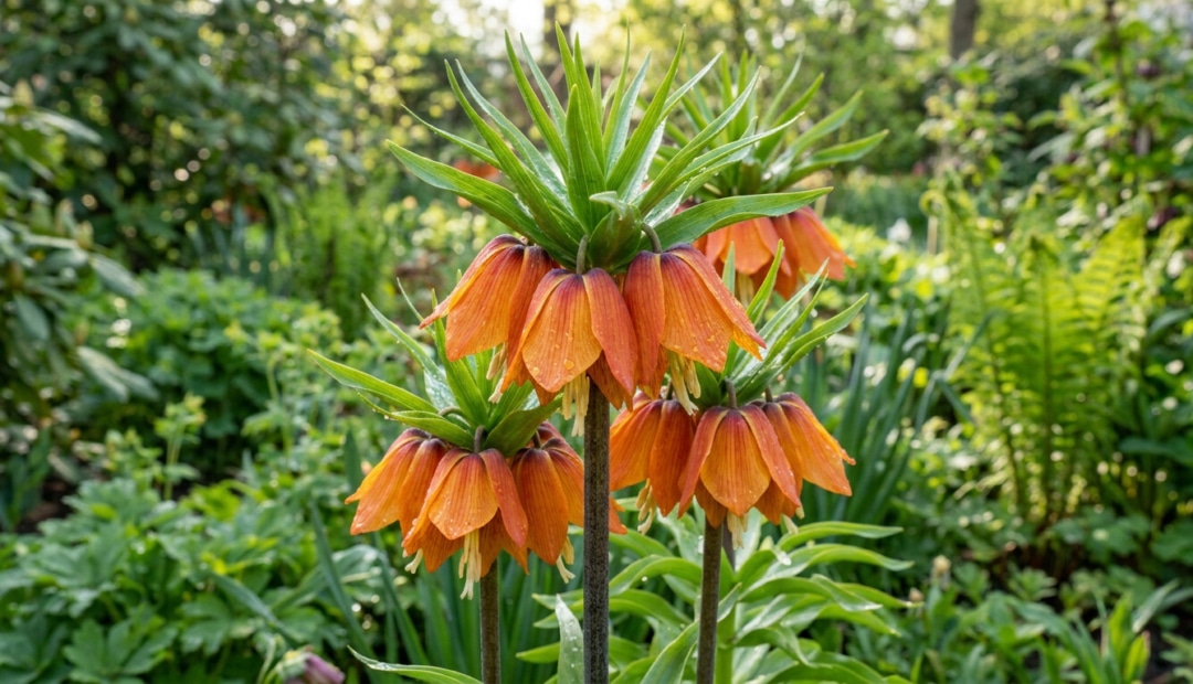 Gros plan sur des fleurs orange de Fritillaire impériale avec un feuillage vert luxuriant en arrière-plan.
