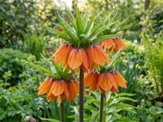 Gros plan sur des fleurs orange de Fritillaire impériale avec un feuillage vert luxuriant en arrière-plan.
