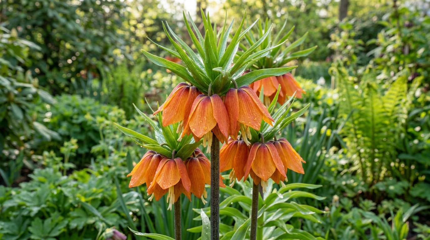 Gros plan sur des fleurs orange de Fritillaire impériale avec un feuillage vert luxuriant en arrière-plan.