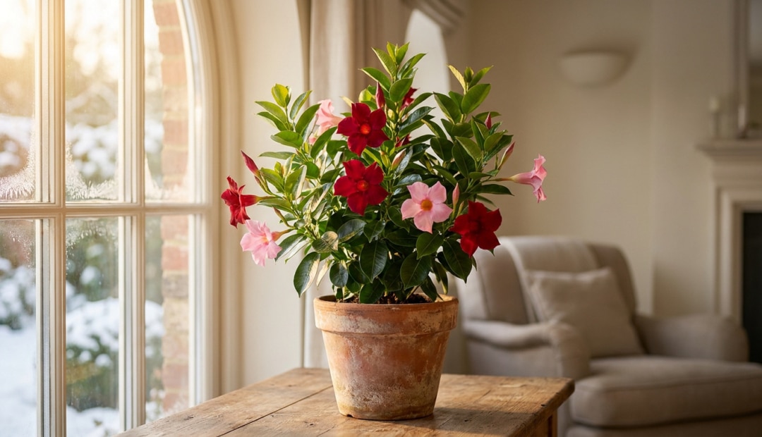 Un pot de dipladenia avec des fleurs rouges et roses posé sur une table devant une fenêtre en hiver.