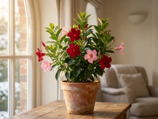 Un pot de dipladenia avec des fleurs rouges et roses posé sur une table devant une fenêtre en hiver.