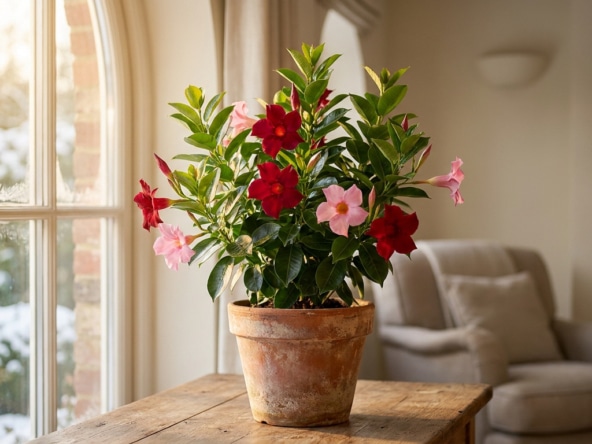 Un pot de dipladenia avec des fleurs rouges et roses posé sur une table devant une fenêtre en hiver.