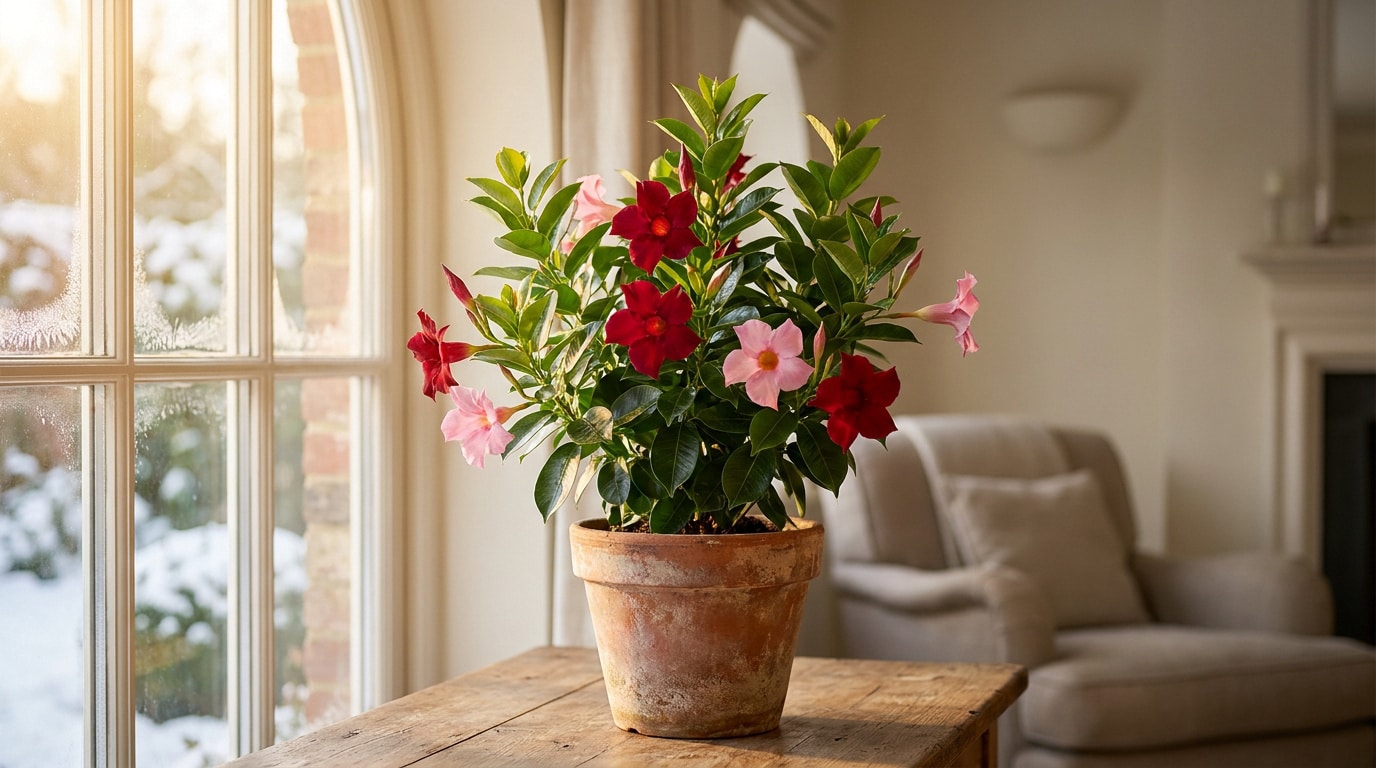 Un pot de dipladenia avec des fleurs rouges et roses posé sur une table devant une fenêtre en hiver.