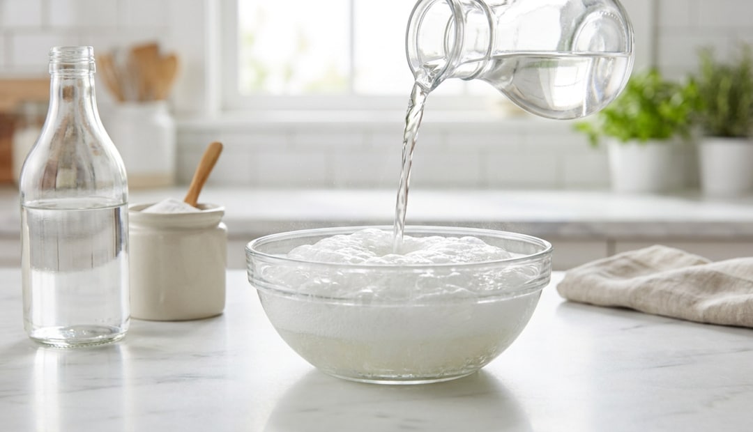 Du vinaigre blanc est versé sur du bicarbonate de soude dans un bol en verre, créant une réaction effervescente.