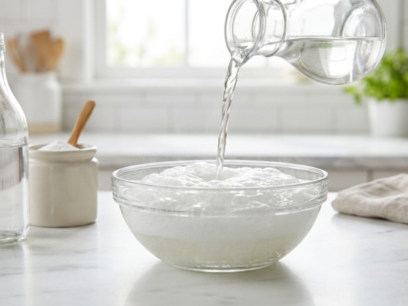 Du vinaigre blanc est versé sur du bicarbonate de soude dans un bol en verre, créant une réaction effervescente.