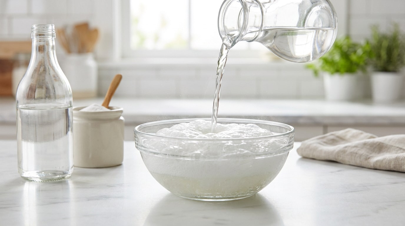 Du vinaigre blanc est versé sur du bicarbonate de soude dans un bol en verre, créant une réaction effervescente.
