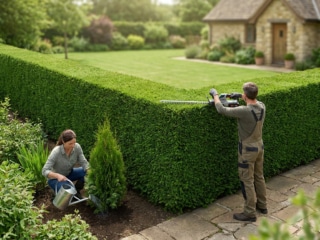 Un homme taille une haie de thuyas pendant qu'une femme arrose un jeune arbuste dans un jardin.