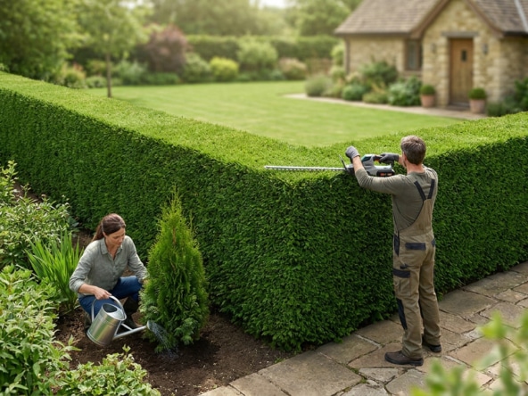 Un homme taille une haie de thuyas pendant qu'une femme arrose un jeune arbuste dans un jardin.