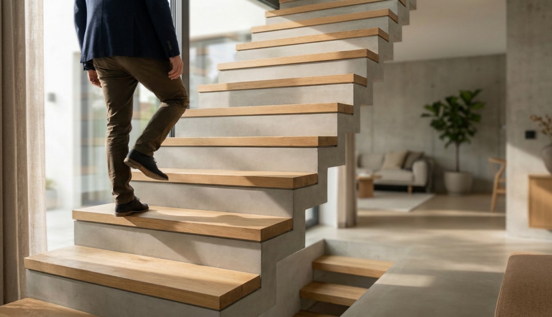 Un homme monte un escalier moderne en béton et bois dans un intérieur contemporain lumineux.
