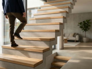 Un homme monte un escalier moderne en béton et bois dans un intérieur contemporain lumineux.