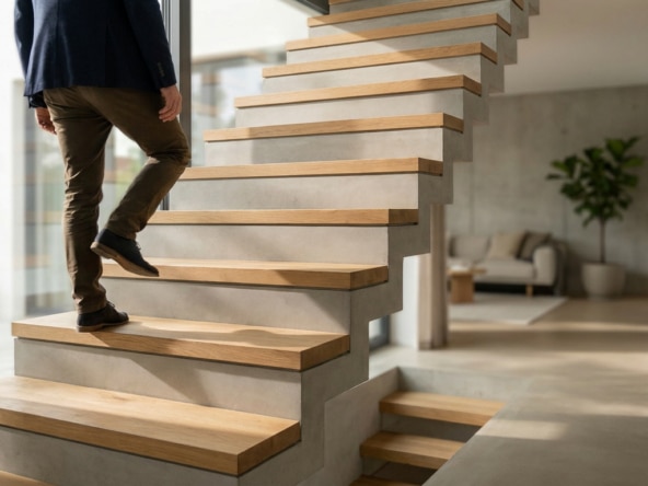 Un homme monte un escalier moderne en béton et bois dans un intérieur contemporain lumineux.