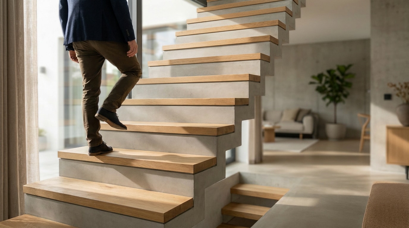 Un homme monte un escalier moderne en béton et bois dans un intérieur contemporain lumineux.