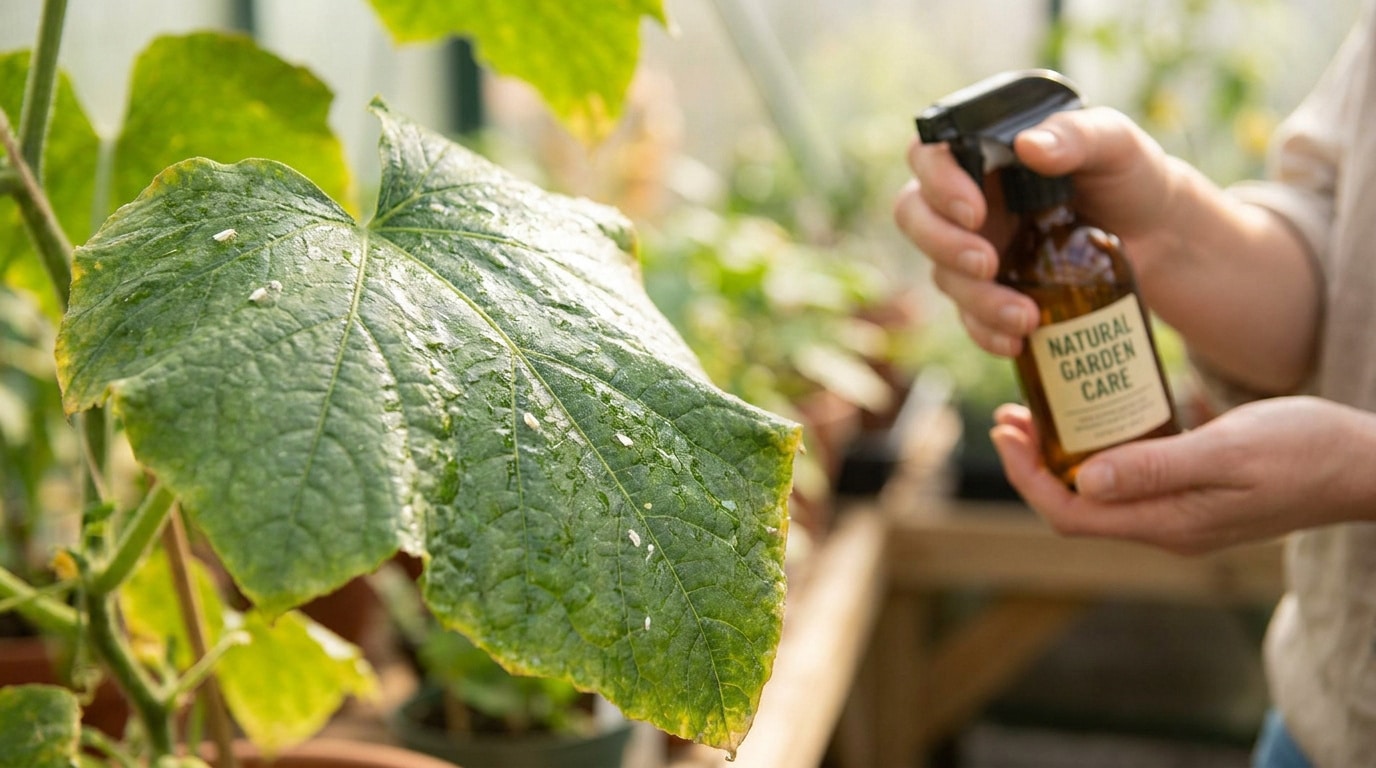 Mains utilisant un vaporisateur naturel sur une feuille de plante infestée de petites mouches blanches.