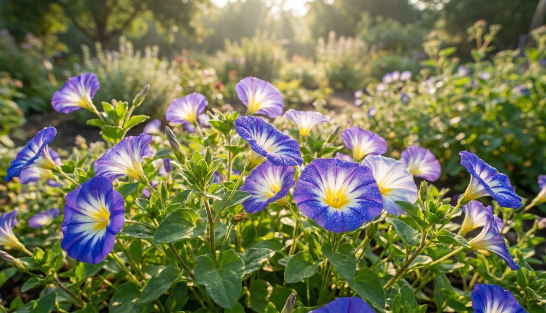 Gros plan sur des fleurs belle de jour bleues et blanches dans un jardin ensoleillé au lever du soleil.