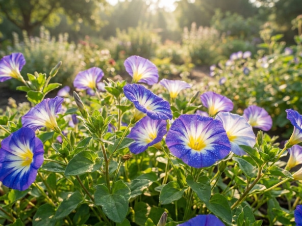 Gros plan sur des fleurs belle de jour bleues et blanches dans un jardin ensoleillé au lever du soleil.