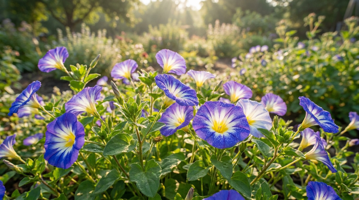 Gros plan sur des fleurs belle de jour bleues et blanches dans un jardin ensoleillé au lever du soleil.