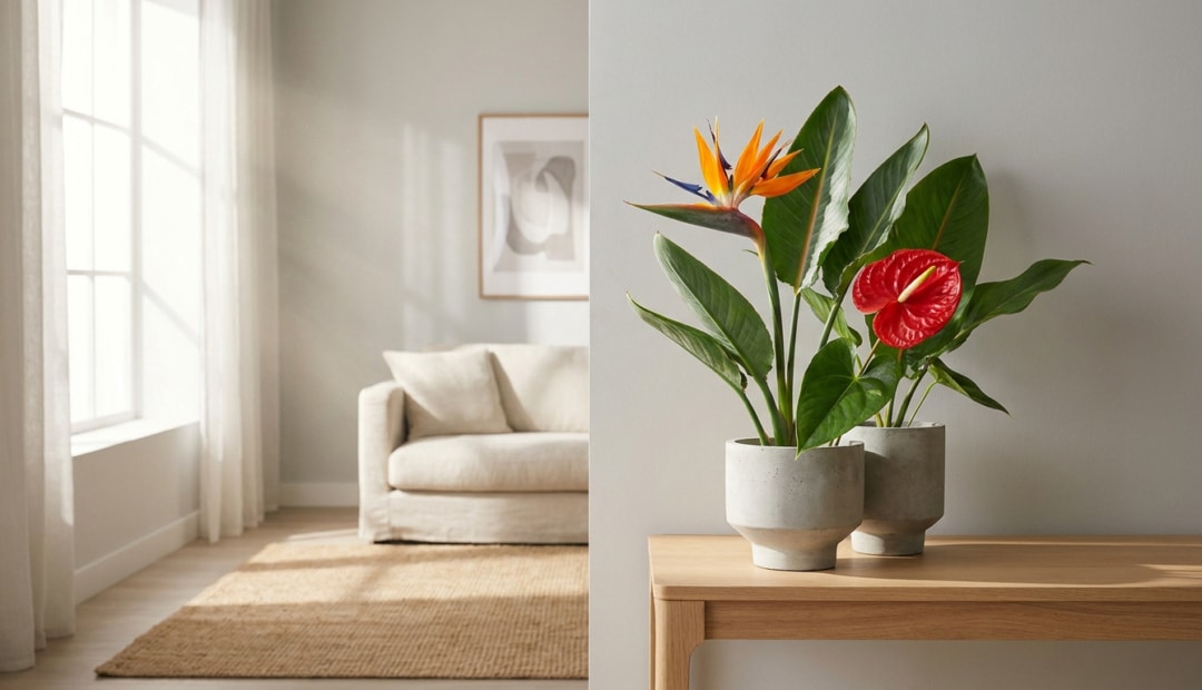 Un oiseau de paradis et un anthurium rouge dans des pots en béton sur une table en bois dans un salon lumineux.