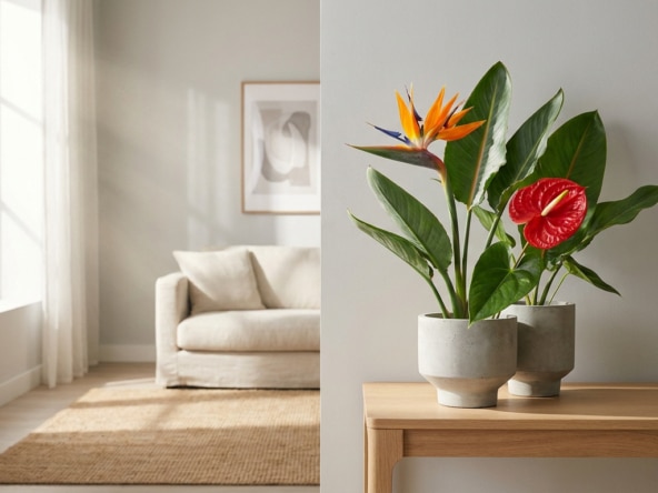 Un oiseau de paradis et un anthurium rouge dans des pots en béton sur une table en bois dans un salon lumineux.