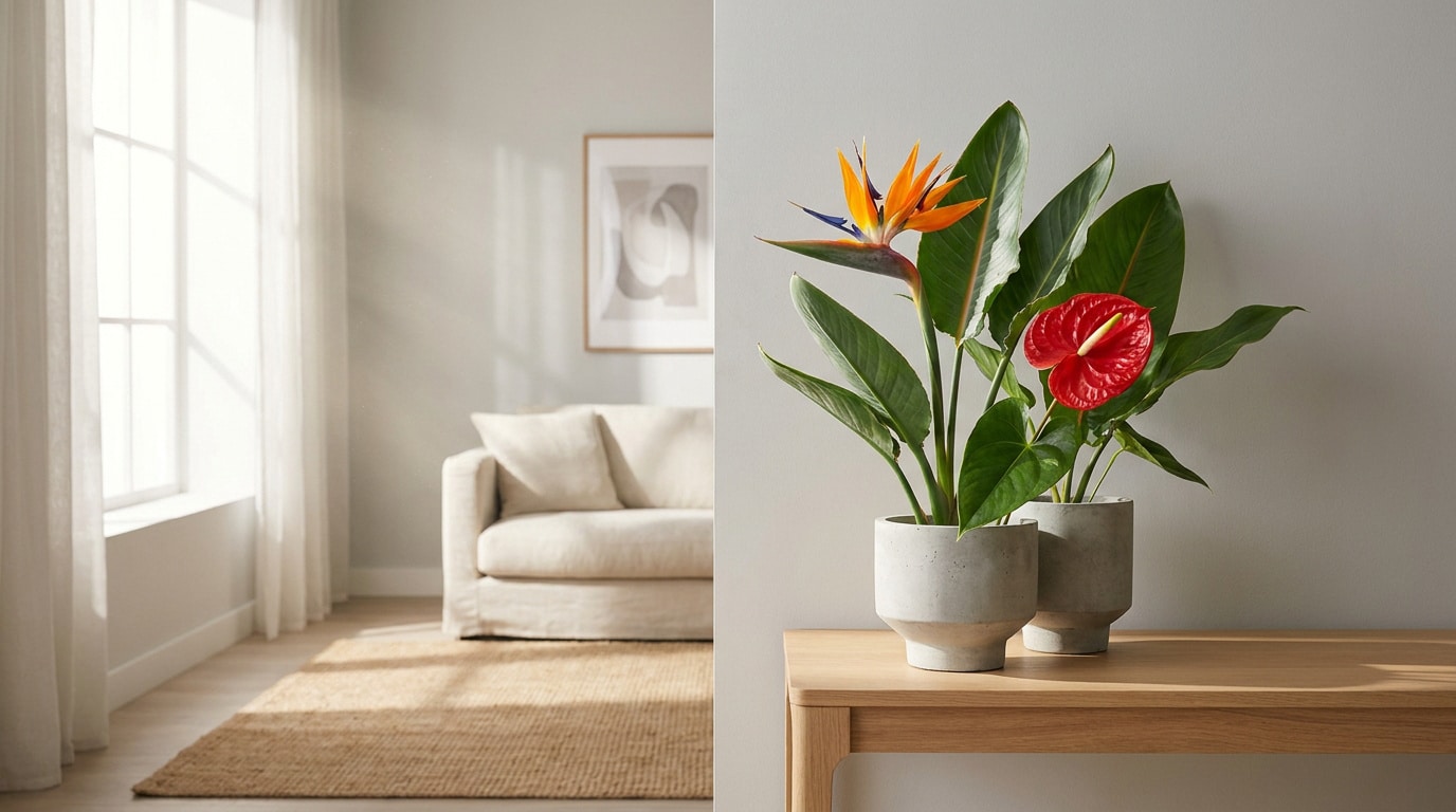 Un oiseau de paradis et un anthurium rouge dans des pots en béton sur une table en bois dans un salon lumineux.