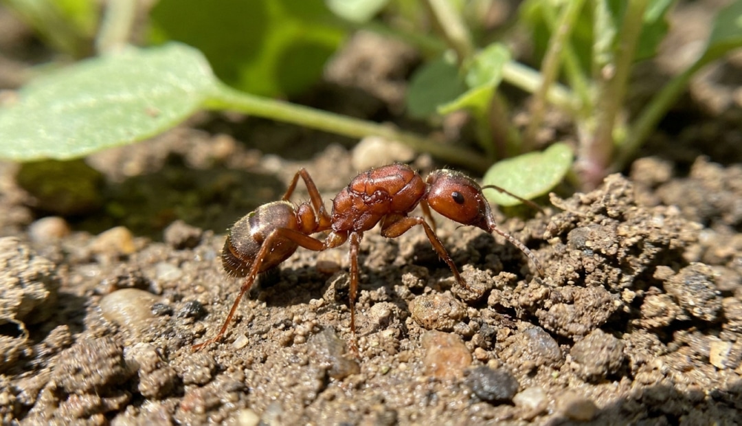 Une fourmi rousse de profil marchant sur un sol terreux avec des petites feuilles en arrière-plan.